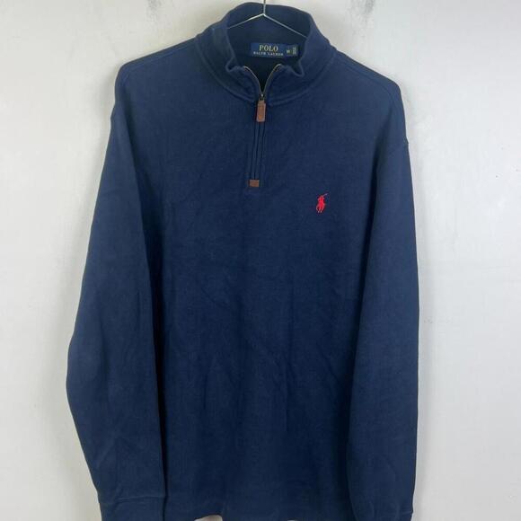Polo Ralph Lauren 1/4 Zip Pullover Sweatshirt Navy Blue M Cotton Red Pony - Picture 1 of 5